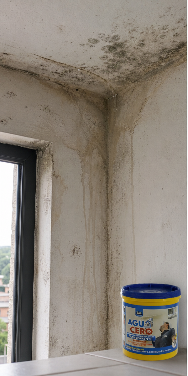 Antes: pared con humedad y moho