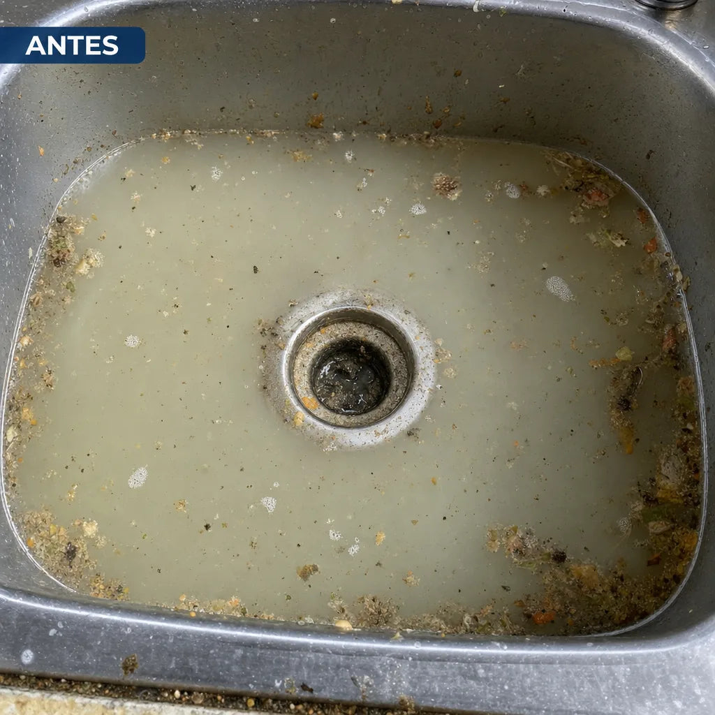 Fregadero atascado con agua sucia - antes