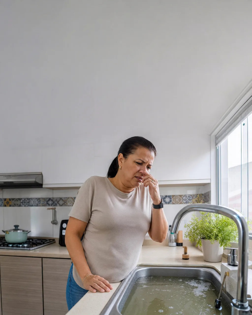 Mujer en la cocina con mal olor del desague